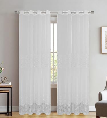 Art Aphrodite Scheibengardine mit Makramee-Volant, 60 x 150 cm und 60 x 240 cm, halbtransparent, 2er-Set, erhältlich in Weiß, Grau, Beige (Stickerei grau, 60 x 240 cm) von HOME ZEN HOUSEHOLD LINEN