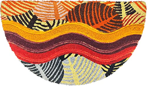HOME ZEN HOUSEHOLD LINEN Fußmatte Art. Raja aus Kokosfaser bedruckt gemustert Teppich Eingang mit rutschfester PVC-Rückseite mit gewelltem Inlay (40 x 70 cm halber Mond, bunte Blätter) von HOME ZEN HOUSEHOLD LINEN