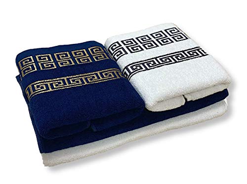 HOMEALOO® 4-TLG. Handtuch-Set Premium 100% Baumwolle Badetücher Handtücher Frottierset (4TLG. - 4 Handtücher, Blau Gold/Weiß Grau) von HOMEALOO