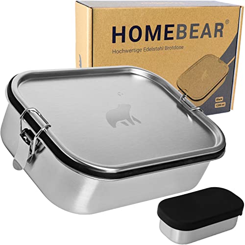 HOMEBEAR® Edelstahl Brotdose | Lunchbox 1200 ml | Set mit Box für Dips | Verschiebbare Trennwand | Auslaufsicher und Plastikfrei | Brotbox Jausenbox von HOMEBEAR