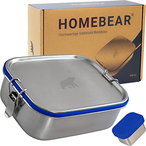 HOMEBEAR® Edelstahl Brotdose | Lunchbox für Kinder | 800 ml | Set mit Box für Dips 65 ml | Verschiebbare Trennwand | Auslaufsicher und Plastikfrei | Brotbox Jausenbox von HOMEBEAR