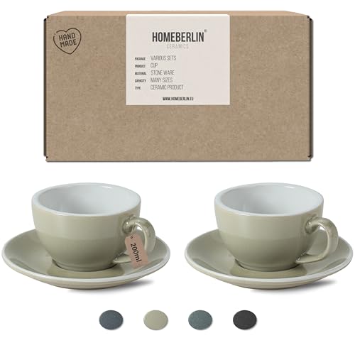 HOMEBERLIN® Barista Pro Cappuccino Tassen Set - 200ml Kaffeetassen Set - Premium Kaffee Tassen Set aus hochwertigem Steingut - Zwei Moderne Kaffeetassen mit passenden Untertassen - 100% Handfertigung von HOMEBERLIN