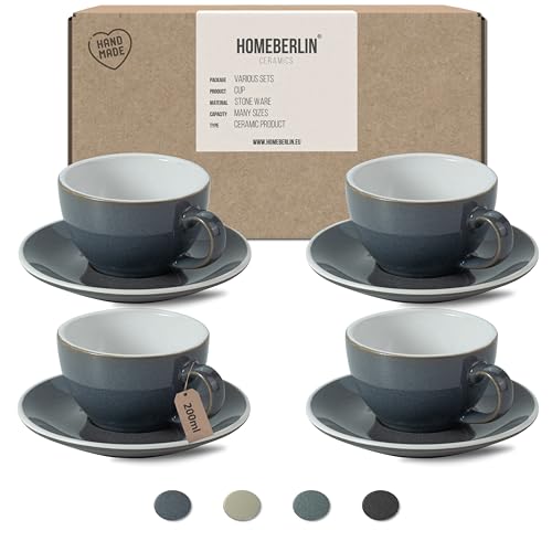 HOMEBERLIN® Barista Pro Cappuccino Tassen Set - 200ml Kaffeetassen Set - Premium Kaffee Tassen Set aus hochwertigem Steingut - Vier Moderne Kaffeetassen mit passenden Untertassen - 100% Handfertigung von HOMEBERLIN