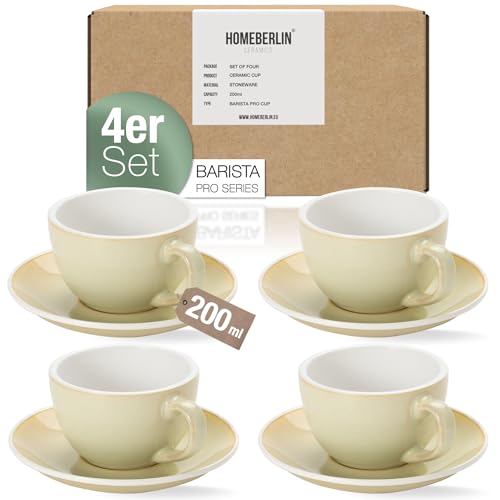 HOMEBERLIN® Barista Pro Cappuccino Tassen Set - 200ml Kaffeetassen Set - Premium Kaffee Tassen Set aus hochwertigem Steingut - Vier Moderne Kaffeetassen mit passenden Untertassen - 100% Handfertigung von HOMEBERLIN