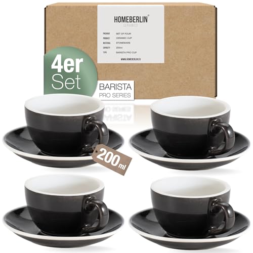 HOMEBERLIN® Barista Pro Cappuccino Tassen Set - 200ml Kaffeetassen Set - Premium Kaffee Tassen Set aus hochwertigem Steingut - Vier Moderne Kaffeetassen mit passenden Untertassen - 100% Handfertigung von HOMEBERLIN