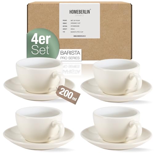 HOMEBERLIN® Barista Pro Cappuccino Tassen Set - 200ml Kaffeetassen Set - Premium Kaffee Tassen Set aus hochwertigem Steingut - Vier Moderne Kaffeetassen mit passenden Untertassen - 100% Handfertigung von HOMEBERLIN