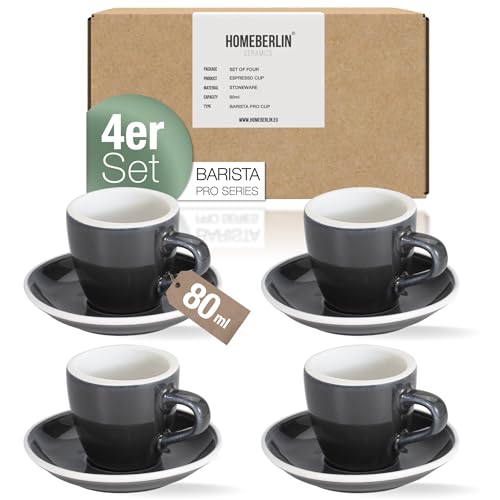 HOMEBERLIN® Barista Pro Espressotassen Set - 4x 80ml Espresso Tassen Set - Premium Espressotassen dickwandig aus hochwertigem Steingut inkl. Untertassen - 100% Handfertigung - Espresso Cups von HOMEBERLIN