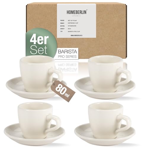 HOMEBERLIN® Barista Pro Espressotassen Set - 4x 80ml Espresso Tassen Set - Premium Espressotassen dickwandig aus hochwertigem Steingut inkl. Untertassen - 100% Handfertigung - Espresso Cups von HOMEBERLIN