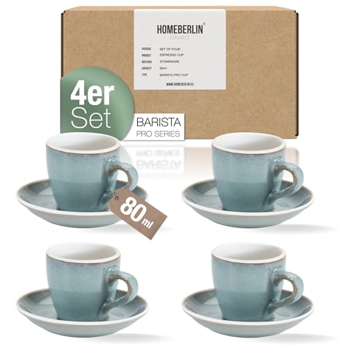 HOMEBERLIN® Barista Pro Espressotassen Set - 4x 80ml Espresso Tassen Set - Premium Espressotassen dickwandig aus hochwertigem Steingut inkl. Untertassen - 100% Handfertigung - Espresso Cups von HOMEBERLIN