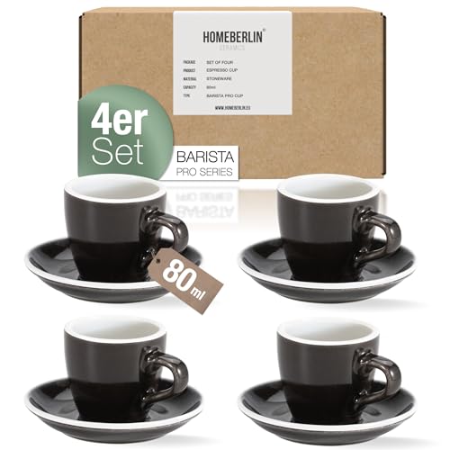 HOMEBERLIN® Barista Pro Espressotassen Set - 4x 80ml Espresso Tassen Set - Premium Espressotassen dickwandig aus hochwertigem Steingut inkl. Untertassen - 100% Handfertigung - Espresso Cups von HOMEBERLIN