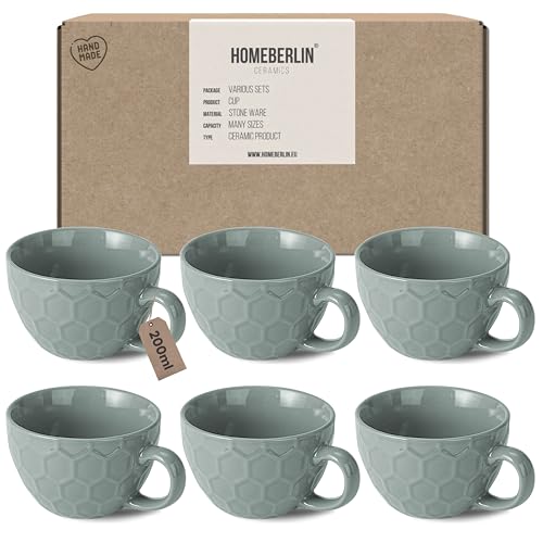HOMEBERLIN® Design Cappuccino Tassen Set - 200ml Kaffeetassen 6er Set - Premium Kaffee Tassen Set aus hochwertigem Steingut - 6 moderne Kaffeetassen aus 100% Handfertigung - Dickwandige Kaffee Tasse von HOMEBERLIN