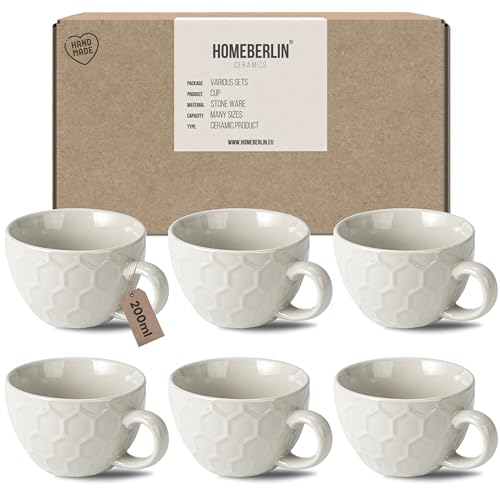 HOMEBERLIN® Design Cappuccino Tassen Set - 200ml Kaffeetassen 6er Set - Premium Kaffee Tassen Set aus hochwertigem Steingut - 6 moderne Kaffeetassen aus 100% Handfertigung - Dickwandige Kaffee Tasse von HOMEBERLIN
