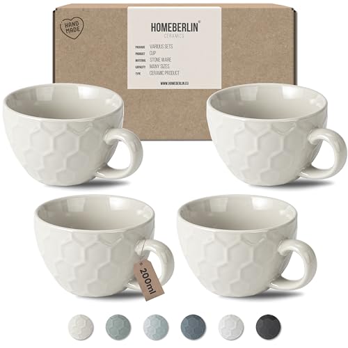 HOMEBERLIN® Design Cappuccino Tassen Set - 200ml Kaffeetassen 4er Set - Premium Kaffee Tassen Set aus hochwertigem Steingut - 4 moderne Kaffeetassen aus 100% Handfertigung - Dickwandige Kaffee Tasse von HOMEBERLIN