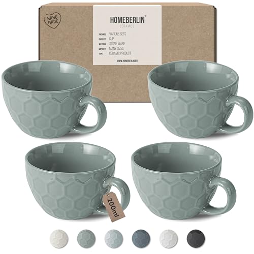 HOMEBERLIN® Design Cappuccino Tassen Set - 200ml Kaffeetassen 4er Set - Premium Kaffee Tassen Set aus hochwertigem Steingut - 4 moderne Kaffeetassen aus 100% Handfertigung - Dickwandige Kaffee Tasse von HOMEBERLIN