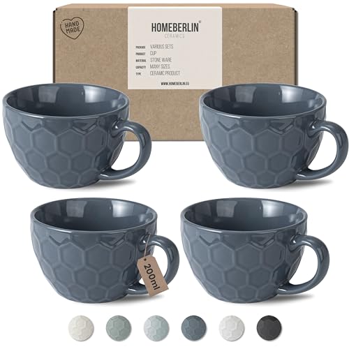 HOMEBERLIN® Design Cappuccino Tassen Set - 200ml Kaffeetassen 4er Set - Premium Kaffee Tassen Set aus hochwertigem Steingut - 4 moderne Kaffeetassen aus 100% Handfertigung - Dickwandige Kaffee Tasse von HOMEBERLIN