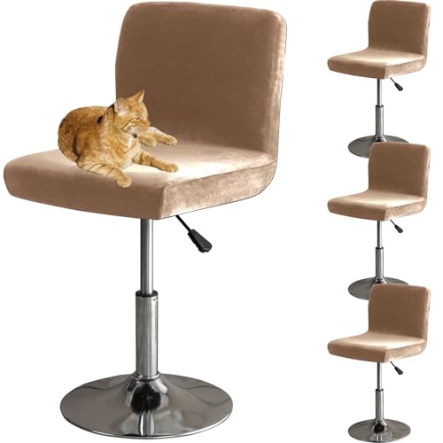 HOMECOVER Barhocker Bezüge Mit Rückenlehne, Stretch Samt Stoff Barhocker Stuhlbezüge Abnehmbar Niedriger Rücken Schwenkbare Stuhlbezug-Khaki-4er Set von HOMECOVER
