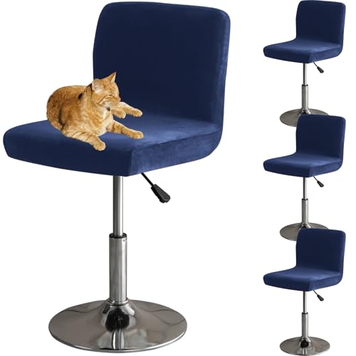 HOMECOVER Barhocker Bezüge Mit Rückenlehne, Stretch Samt Stoff Barhocker Stuhlbezüge Abnehmbar Niedriger Rücken Schwenkbare Stuhlbezug-Navy blau-4er Set von HOMECOVER