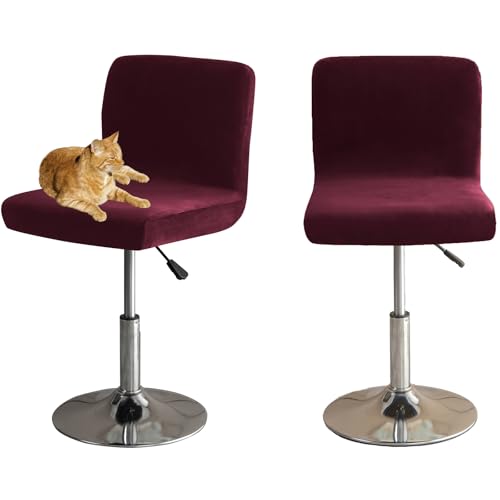 HOMECOVER Barhocker Bezüge Mit Rückenlehne, Stretch Samt Stoff Barhocker Stuhlbezüge Abnehmbar Niedriger Rücken Schwenkbare Stuhlbezug-Rotwein-2er Set von HOMECOVER