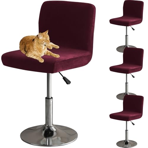 HOMECOVER Barhocker Bezüge Mit Rückenlehne, Stretch Samt Stoff Barhocker Stuhlbezüge Abnehmbar Niedriger Rücken Schwenkbare Stuhlbezug-Rotwein-4er Set von HOMECOVER