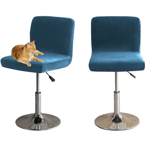 HOMECOVER Barhocker Bezüge Mit Rückenlehne, Stretch Samt Stoff Barhocker Stuhlbezüge Abnehmbar Niedriger Rücken Schwenkbare Stuhlbezug-blau-2er Set von HOMECOVER
