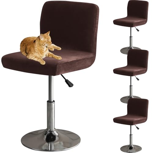 HOMECOVER Barhocker Bezüge Mit Rückenlehne, Stretch Samt Stoff Barhocker Stuhlbezüge Abnehmbar Niedriger Rücken Schwenkbare Stuhlbezug-braun-4er Set von HOMECOVER
