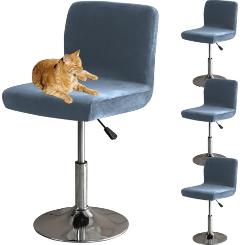HOMECOVER Barhocker Bezüge Mit Rückenlehne, Stretch Samt Stoff Barhocker Stuhlbezüge Abnehmbar Niedriger Rücken Schwenkbare Stuhlbezug-grau Blau-4er Set von HOMECOVER