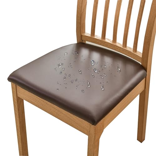 HOMECOVER Esszimmerstuhl Sitzbezüge 6er Set Wasserdicht Stuhlbezug, PU Leather Stuhlbezug Sitzfläche Abnehmbar Stretch Esszimmerstuhl Sitzbezüge Für Esszimmerstühle-6er Set-braun von HOMECOVER