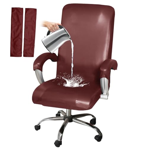 HOMECOVER Stretch Bürostuhl Bezug Wasserdicht, Universal PU Leder Schwenkbare Computerstuhl Bezug Mit Armlehnenbezüge Abnehmbar Stuhlbezüge-Weinrot-Large von HOMECOVER