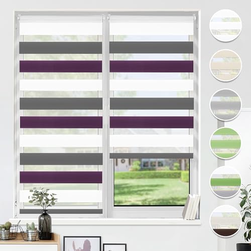 HOMEDEMO Doppelrollo Klemmfix ohne Bohren & mit Bohren, Rollos für Fenster und Tür, Weiss-anthrazit-aubergine, 40x130cm(BxH), Duo Rollo Klemmrollo lichtdurchlässig, Fensterrollo Sichtschutz von HOMEDEMO