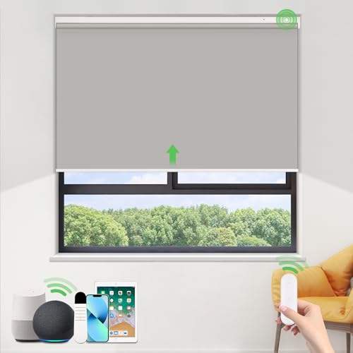 HOMEDEMO Elektrische Rollos Wiederaufladbare Verdunklungsrollo mit Motor & Fernbedienung, 95x150 cm(BxH) Grau, Rollo Innen ohne Bohren klemmfix/mit Bohren, Smart Rollo mit Alexa kompatibel von HOMEDEMO