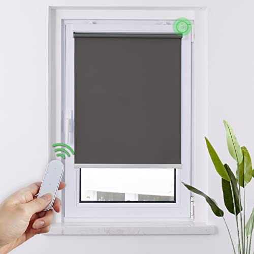 HOMEDEMO M100 Elektrische Rollos Verdunkelungsrollo mit Motor & Fernbedienung, Dunkelgrau 65x110cm(BxH), Smart Rollo ohne Bohren klemmfix & mit Bohren, Sonnenschutz Sichtschutz Rollo für Fenster von HOMEDEMO