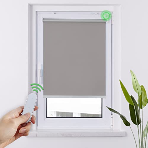 HOMEDEMO M100 Elektrische Rollos Verdunkelungsrollo mit Motor & Fernbedienung, Grau 60x120cm(BxH), Smart Rollo ohne Bohren klemmfix & mit Bohren, Sonnenschutz Sichtschutz Rollo für Fenster von HOMEDEMO