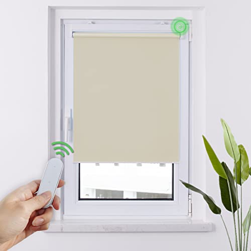 HOMEDEMO M100 Elektrische Rollos Verdunkelungsrollo mit Motor & Fernbedienung, Creme 95x110cm(BxH), Smart Rollo ohne Bohren klemmfix & mit Bohren, Sonnenschutz Sichtschutz Rollo für Fenster von HOMEDEMO