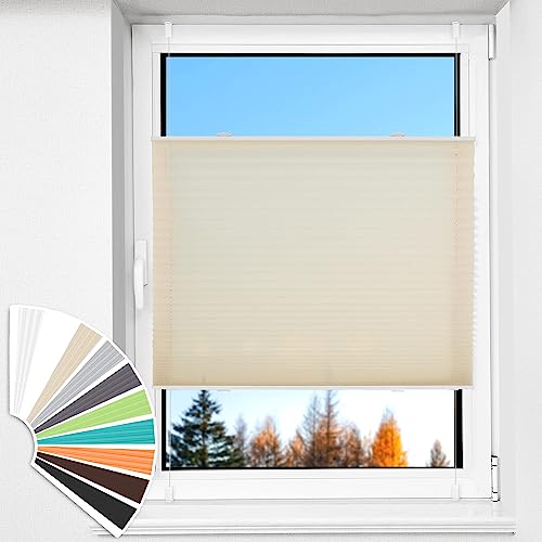 HOMEDEMO Plissee Klemmfix ohne Bohren Jalousien, Creme, 65x110cm(BxH), Plisseerollo Fensterrollo mit Klemmträger, Faltrollo Klemmrollo Sicht-und Sonnenschutz Rollos für Fenster & Tür von HOMEDEMO