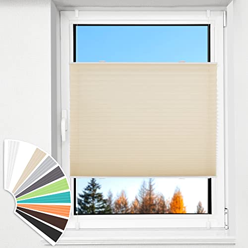 HOMEDEMO Plissee Klemmfix ohne Bohren Jalousien (Creme, 80x130cm) Plisseerollo Fensterrollo mit Klemmträger, Faltrollo Klemmrollo Sicht-und Sonnenschutz Rollos für Fenster & Tür von HOMEDEMO