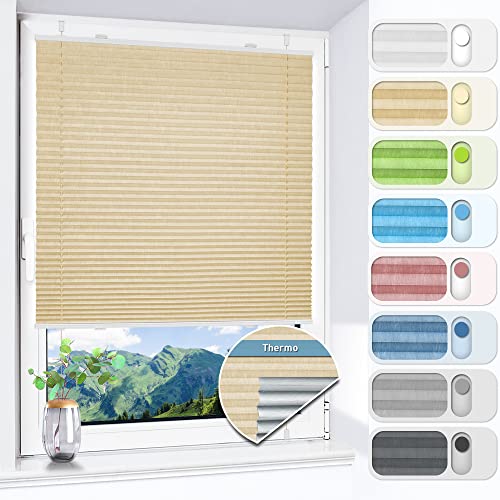 HOMEDEMO Plissee ohne Bohren verdunkelung, Thermo Plisseerollo Klemmfix, Hellbeige 75x120cm(BxH) Verdunklungsplissee 100% lichtundurchlässig für Fenster, Blickdicht Sichtschutz Sonnenschutz von HOMEDEMO