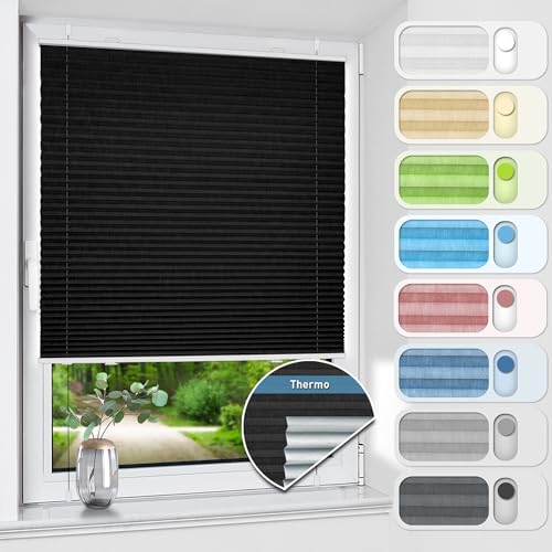 HOMEDEMO Plissee ohne Bohren verdunkelung, Thermo Plisseerollo Klemmfix, Schwarz 95x130cm(BxH) Verdunklungsplissee 100% lichtundurchlässig für Fenster, Blickdicht Sichtschutz Sonnenschutz von HOMEDEMO