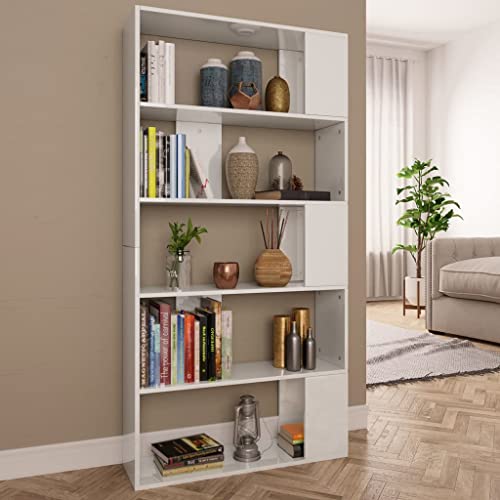 B¨¹cherregal Wei? Hochglanz 80x24x159 cm Mit 5 F?Chern Raumteiler Ideal F¨¹r B¨¹Cher DVDs Dekoration von HOMEELIKE