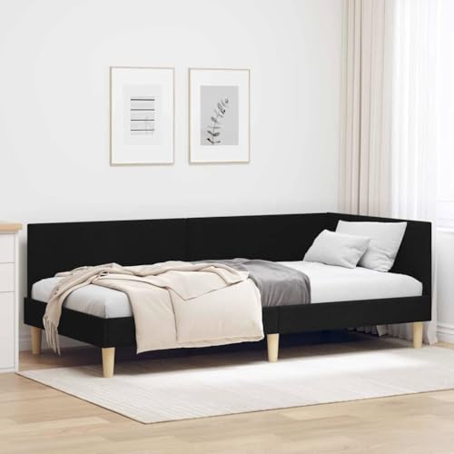 Eckpolsterbett Schwarz Stoff 90 x 200 cm Mit Holzrahmen Atmungsaktiv Robust Langlebig von HOMEELIKE