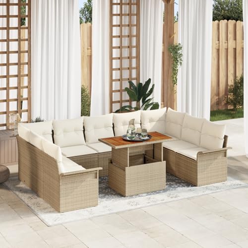 HOMEELIKE 10-TLG. Garten-Essgruppe mit Kissen Beige Poly Rattan Akazie von HOMEELIKE