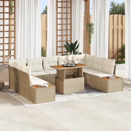 HOMEELIKE 10-TLG. Garten-Essgruppe mit Kissen Beige Poly Rattan Akazie von HOMEELIKE