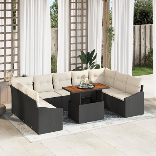 HOMEELIKE 10-TLG. Garten-Essgruppe mit Kissen Schwarz Poly Rattan Akazie von HOMEELIKE
