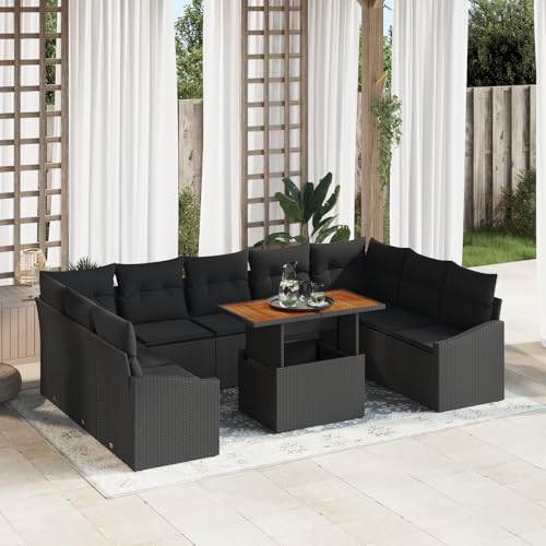 HOMEELIKE 10-TLG. Garten-Essgruppe mit Kissen Schwarz Poly Rattan Akazie von HOMEELIKE