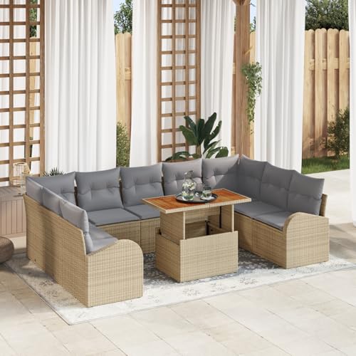 HOMEELIKE 10-teiliges Garten Essgruppe mit Kissen Beige Poly Rattan Akazie von HOMEELIKE