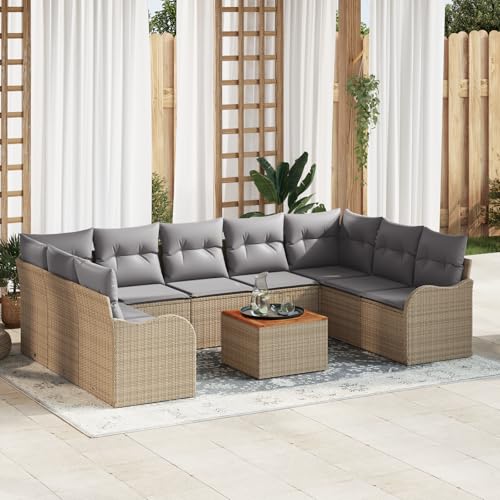 HOMEELIKE 10-teiliges Garten Sofa Set mit Kissen Beige Poly Rattan Akazie von HOMEELIKE