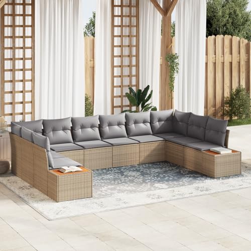HOMEELIKE 10-teiliges Garten Sofa Set mit Kissen Beige Poly Rattan Akazie von HOMEELIKE