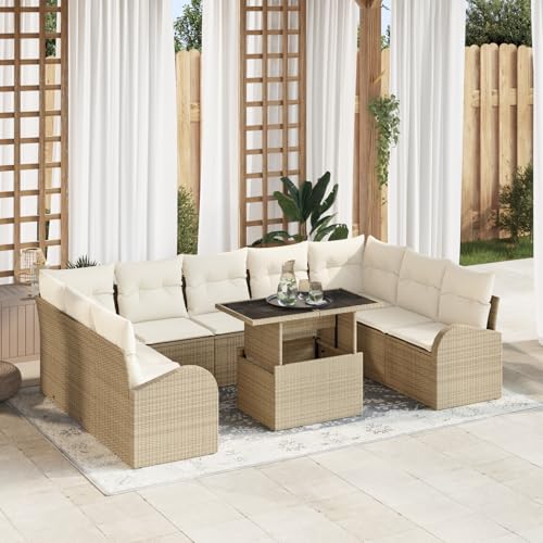 HOMEELIKE 10-teiliges Garten Sofa Set mit Kissen Beige Poly Rattan von HOMEELIKE