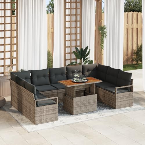 HOMEELIKE 10-teiliges Garten Sofa Set mit Kissen Grau Poly-Rattan Akazie von HOMEELIKE