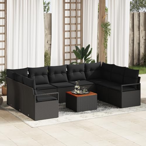 HOMEELIKE 10-teiliges Garten Sofa Set mit Kissen Schwarz Poly Rattan Akazie von HOMEELIKE