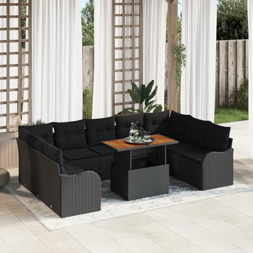 HOMEELIKE 10-teiliges Garten-Sofa-Set mit Kissen Schwarzes Poly Rattan Akazie von HOMEELIKE